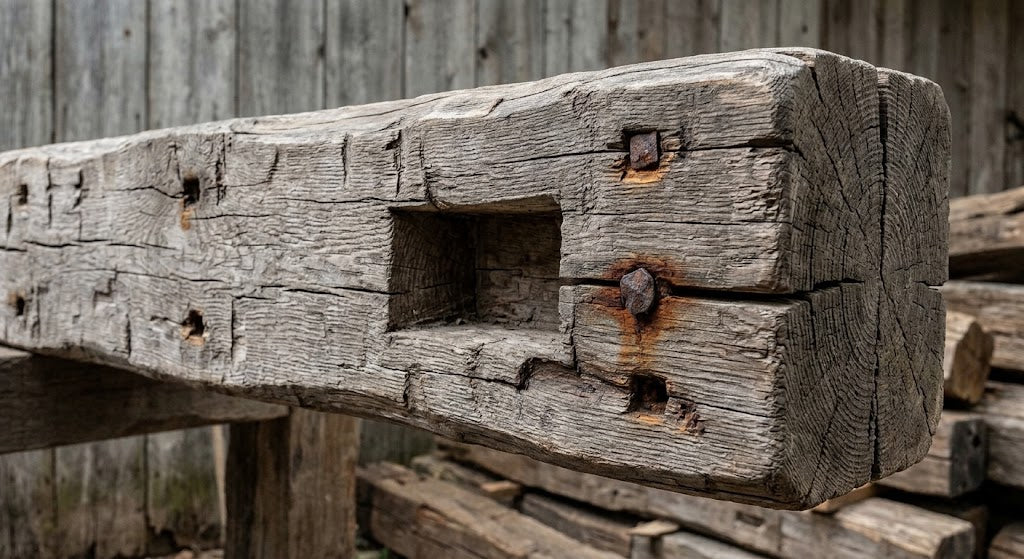 A close-up of a weathered, rustic wooden beam with a rectangular tenon joint and visible metal pins, set against a background of stacked wood and a wooden fence.