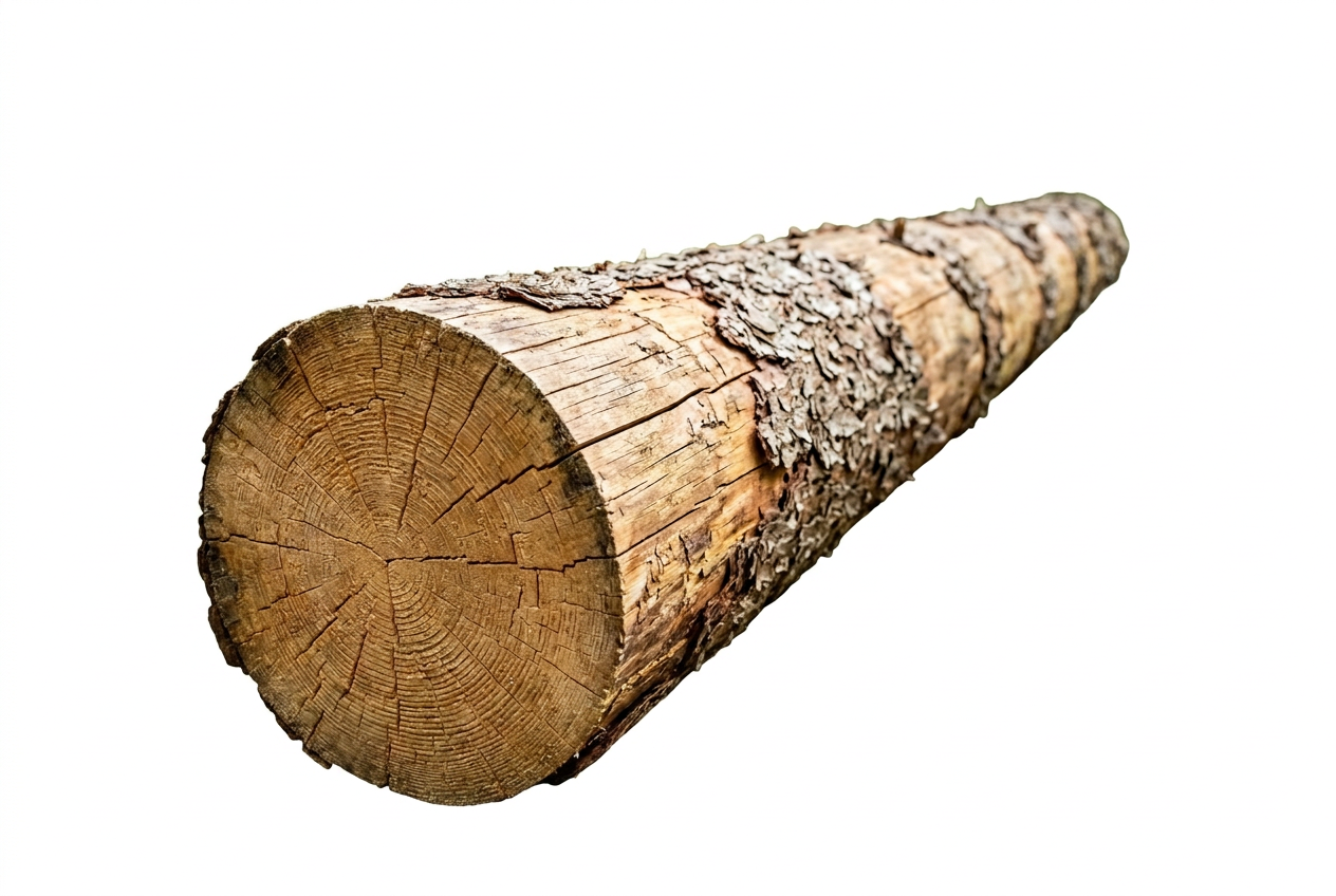 A cut tree log with visible growth rings and rough bark, isolated on a plain white background.